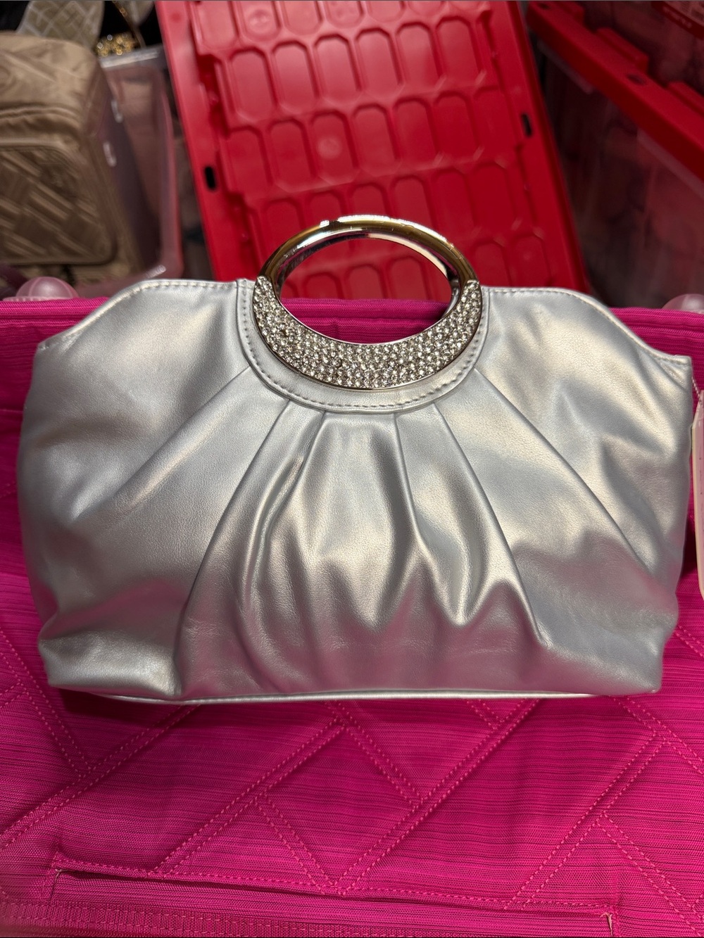 Silver Metallic Ring-Handle Evening Clutch